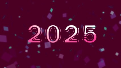Shiny Pink 2025 Text with Confetti on a Dark Red Background for New Year Celebrations