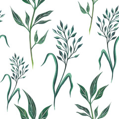 Naklejka premium Watercolor floral pattern of green leaves, greenery, branches. Hand drawn watercolor illustrations on transparent background