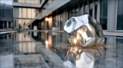Crumpled reflective metallic sheet sculpture with blurred building in background