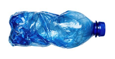 Crumpled blue plastic water bottle