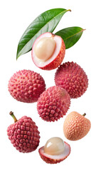 flying lychee fruit and half slices isolated on transparent white background, clipping path