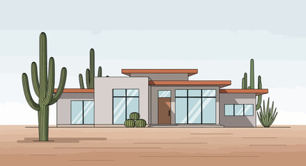 Obraz premium Modern Desert Home Illustration With Cacti And Arid Landscape