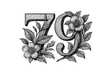 Elegant botanical number design with hand drawn flowers for decorative projects