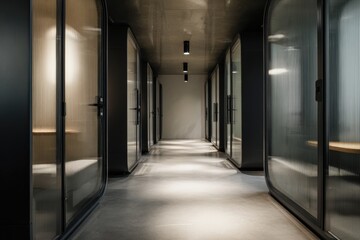 Sleek work capsules lined in a modern coworking space with tinted glass panels