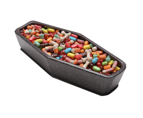 A coffin overflowing with colorful pills and bone candies, a morbid concept.