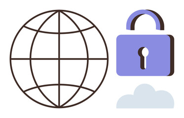 Globe representing worldwide connectivity, lock symbolizing security, and cloud for cloud technology. Ideal for cybersecurity, data protection, privacy, global networking, cloud storage, online