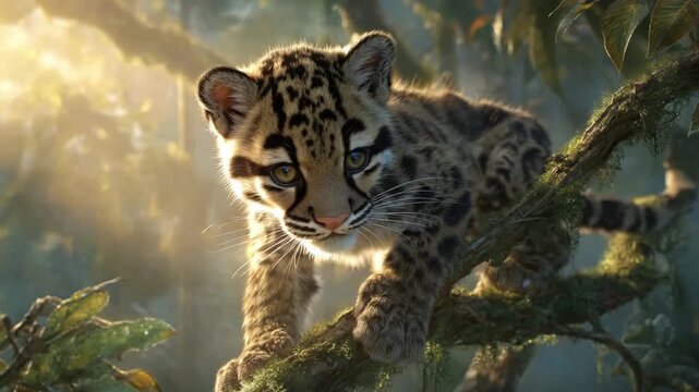A young ocelot in a sunlit forest