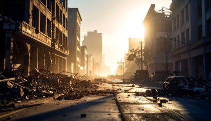 Obraz premium Sunlit, ruined city street; debris and wrecked vehicles litter the road, buildings show extensive damage
