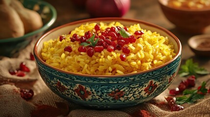 Colorful Yellow Rice Dish with Pomegranate Seeds in Decorative Bowl
