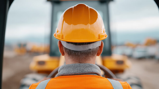 Construction worker wearing orange safety helmet and jacket operating heavy machinery outdoors with focus and determination