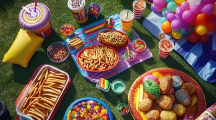 Obraz premium Colorful Outdoor Picnic with Variety of Fun Treats and Snacks