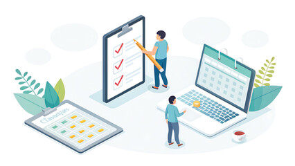Fototapeta premium Isometric Illustration of People Managing Tasks with Checklist Calendar and Schedule for Productivity and Efficiency