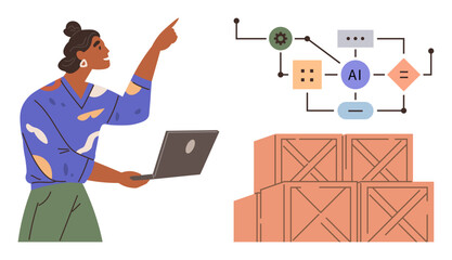 Woman with laptop pointing at AI-based supply chain flowchart linked to stacked shipping crates. Ideal for technology, AI, logistics, supply chain, innovation, productivity, commerce, simple flat