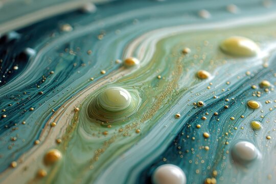 Abstract art with swirling blues, greens, gold dots and shiny droplets. Use it for backgrounds, wallpapers, or textures to enrich your projects.