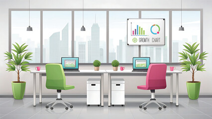Modern Office Space with City View Desks Laptops and Growth Charts a Stylish and Productive Workspace for Business and Innovation