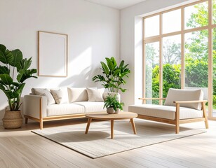 Fototapeta premium A cozy modern minimalist living room, white walls, light wood furniture, indoor plants, natural lighting from large windows, clean and elegant, soft neutral color palette, Scandinavian style, realisti