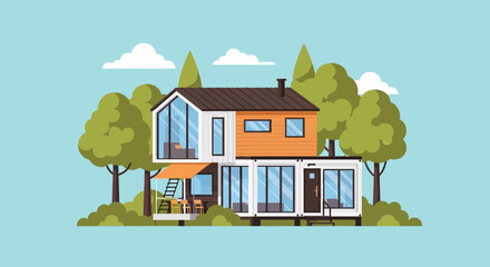 Fototapeta premium Modern Container House With Stylish Exterior In Natural Setting