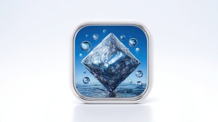 3D render of app icon with textured crystal pyramid and liquid bubbles on water surface on light background