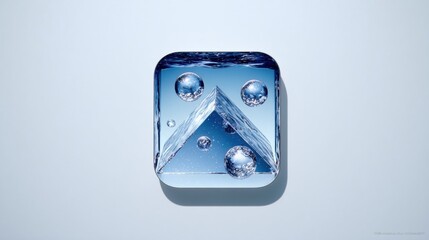 3D render of glass app icon with blue crystal pyramid and spheres in liquid on light background