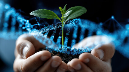 Green plant sprout growing in soil held by hands with glowing DNA strand, symbolizing genetic research and growth