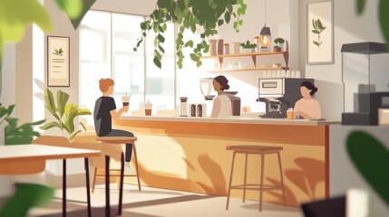 Fototapeta premium Cozy Coffee Shop Interior with Customers and Baristas Serving Drinks