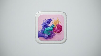 3D render of app icon with colorful glossy paint splashes on textured pink base on light background