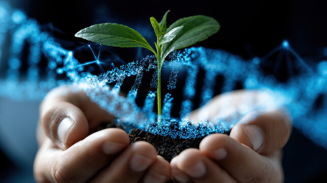 Green plant sprout growing in soil held by hands with glowing DNA strand, symbolizing genetic research and growth - Powered by Adobe