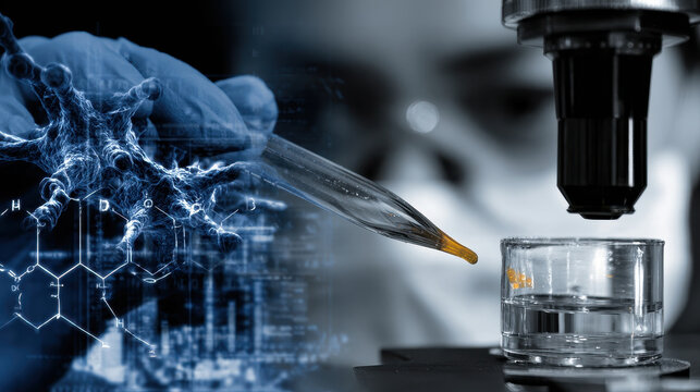 Scientist using pipette to drop liquid into glass container under microscope with neuron and chemical formula overlay