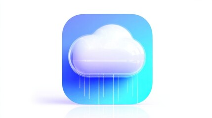 3D render of glossy cloud symbol with dripping light particles on blue gradient app icon on light background