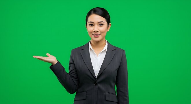 Woman in suit presenting on a green screen