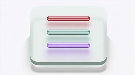 3D render of frosted glass app icon with red, teal, and purple horizontal bars on light background