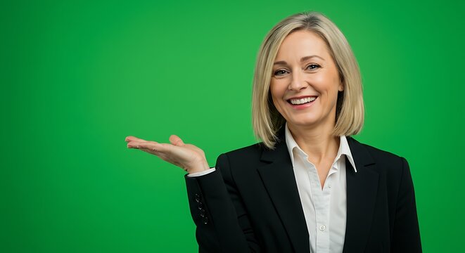 Smiling woman in a suit presenting on a green screen background - Powered by Adobe