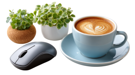 Cozy workspace setup featuring a cup of latte art coffee, mouse, and indoor plants on a wooden desk with natural light for a calming ambiance