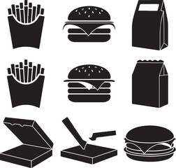 French fries burgers paper bags pizza box and knife