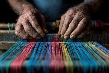Obraz premium Close up of old hands weaving vibrant, colorful threads on a loom. Shows tradition, artisan work, and the beauty of handcrafted textiles.