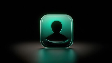 3D render of green glowing glass app icon with recessed user profile symbol on dark reflective background