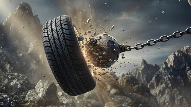 Heavy-duty car tire survives massive wrecking ball impact in extreme durability test