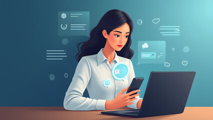 Woman Using Phone and Laptop, Chatting