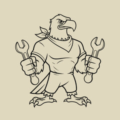 This striking monochromatic illustration features a muscular eagle character, confidently holding wrenches in its talons.