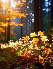 Obraz premium Sunlit yellow flowers in autumnal forest