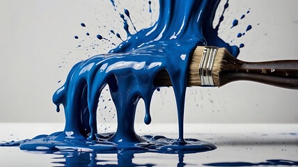 Top view of a paintbrush with vibrant blue paint creating a dynamic splash and drips on a white background. A creative concept for renovation, art, and DIY projects.