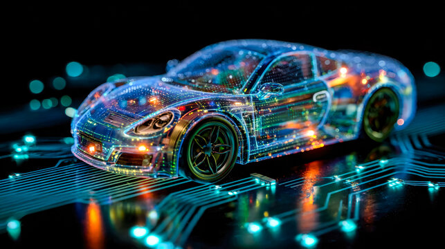 Futuristic digital-inspired model of a sports car on a high-tech circuit board
