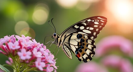 Majestic butterfly rests on delicate pink flowers in sunlight