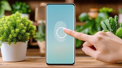 Fingerprint authentication smartphone screen enhances security and cashless generation technology with hand biometric digital identification - Powered by Adobe