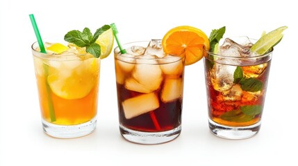 Fototapeta premium Colorful Refreshing Drinks with Ice and Fresh Fruits on White Background