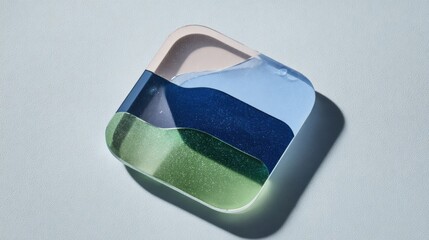 3D render of glass app icon containing green and blue abstract liquid layers with glitter on light background