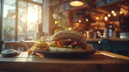 Fototapeta premium Delicious Freshly Made Sandwich on a Wooden Table in Café
