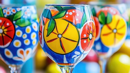 Colorful Hand-Painted Glasses with Fruit Designs on Vibrant Background