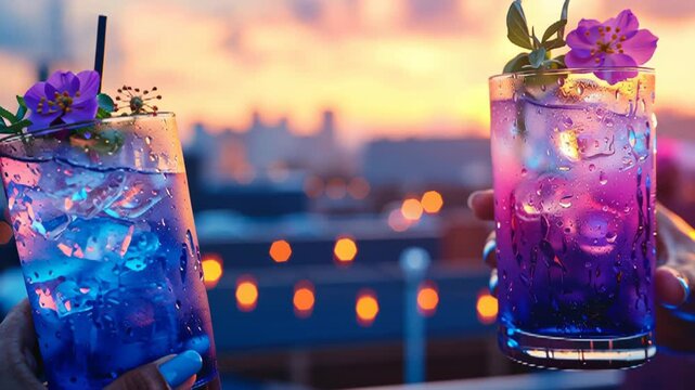 Colorful cocktail drinks with butterfly pea flower and ice at sunset  