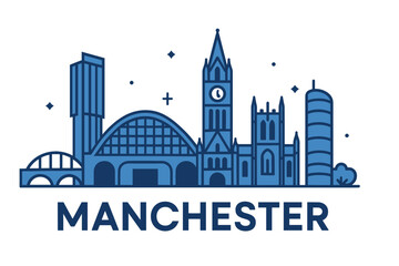 City skyline with iconic buildings and landmarks, Manchester